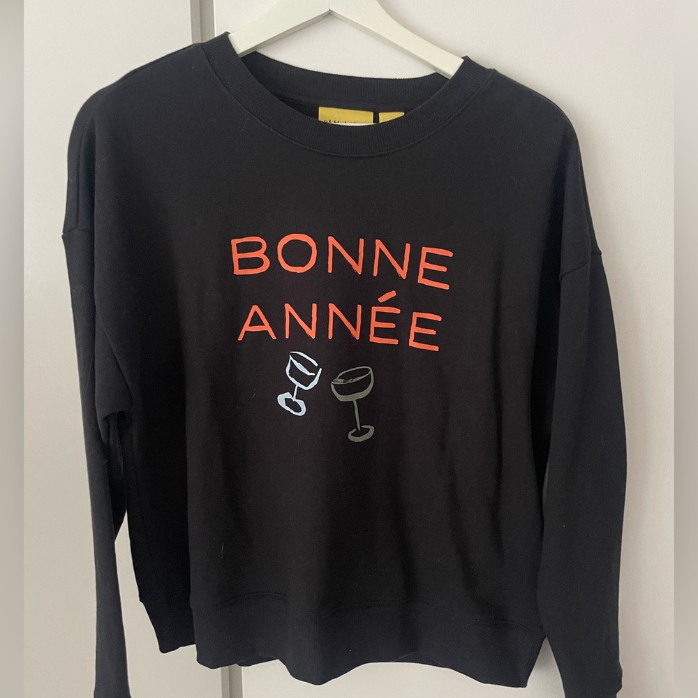 Maeve 100% Cotton Black Crewneck Sweater with Coral Text and Glasses Graphic